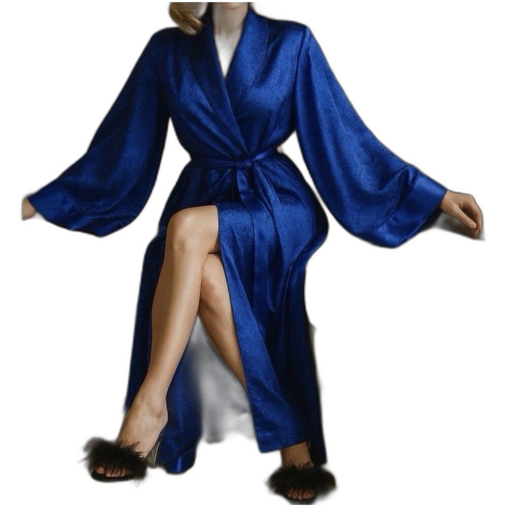 Victoria’s Secret Vintage Gold Label Royal Blue Satin Jacquard Long Maxi Robe